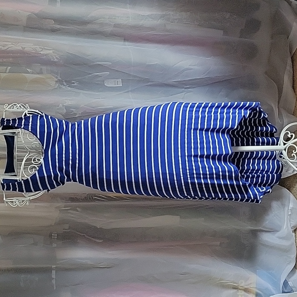 bebe cobalt/white stripe, open-back hi-lo hemline dress, XS